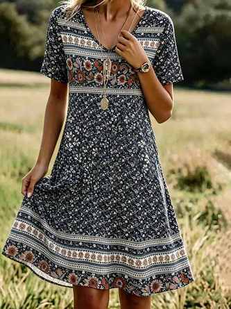 Geometric V Neck Fit & Flare Dress Vintage Summer Daily Midi Line Dress
