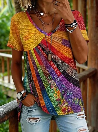 Geometric V Neck Jersey Short Sleeve Vintage Daily Summer T shirt