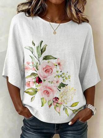 Floral Crew Neck Half Sleeve Vintage Daily Summer Blouse