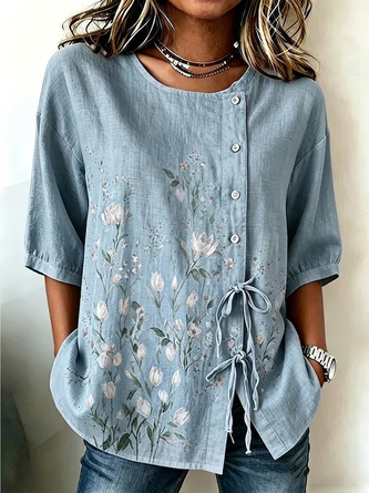 Floral Crew Neck Half Sleeve Vintage Daily Summer Shirt
