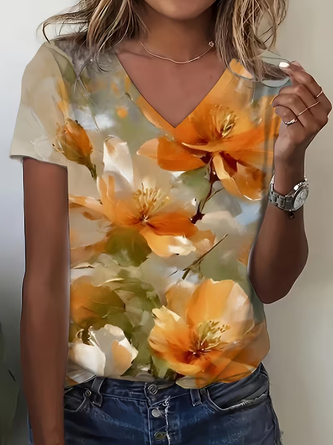 Floral V Neck Short Sleeve Vintage Holiday Summer T shirt