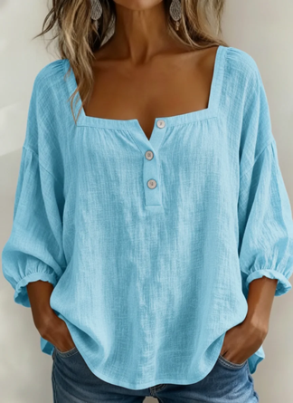 Plain Square Neck Three Quarter Sleeve Vintage Daily Spring Fall Blouse