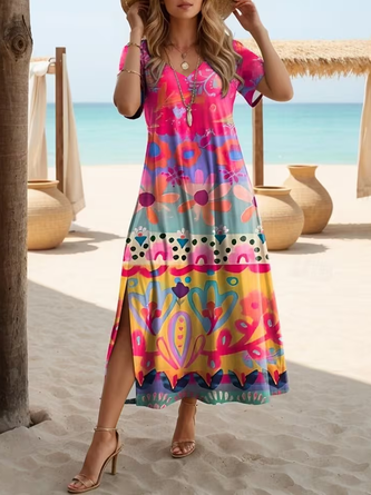 Floral V Neck Printing Casual Summer Daily Maxi X Line Dress