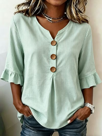 Striped V Neck Half Sleeve Vintage Daily Summer Blouse
