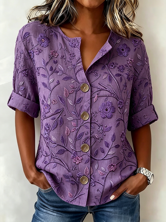 Floral V Neck Half Sleeve Casual Daily Summer Shirt