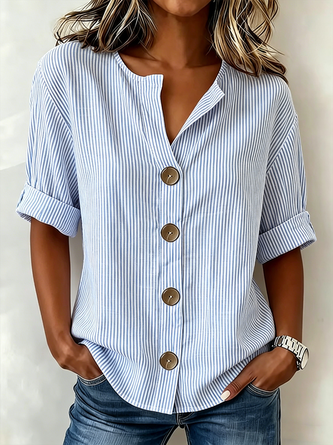 Striped V Neck Linen Blend Half Sleeve Casual Daily Summer Shirt
