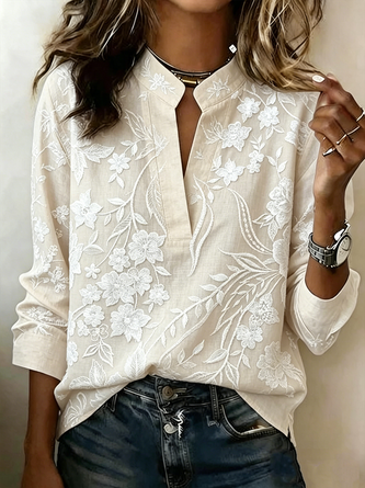 Floral V Neck Long Sleeve Vintage Daily Spring Fall Blouse