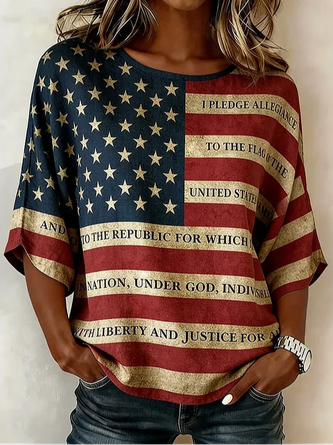 Independence Day Crew Neck Half Sleeve Vintage Daily Summer Blouse