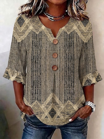 Abstract V Neck Half Sleeve Vintage Daily Summer Blouse