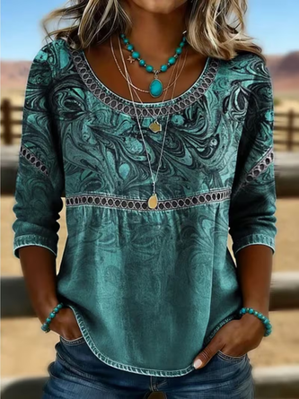 Abstract Crew Neck Half Sleeve Casual Daily Summer Blouse