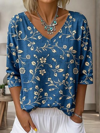 Floral V Neck Jersey Long Sleeve Vintage Daily Spring Fall T shirt