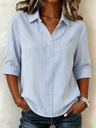 Striped Shawl Collar Half Sleeve Vintage Daily Summer Shirt