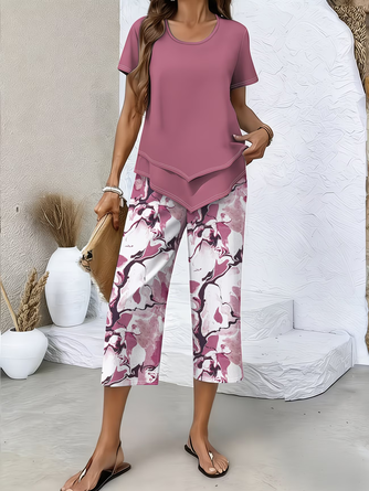 Abstract Short Sleeve Top Pants Casual Printing Summer Crew Neck Two Piece Set