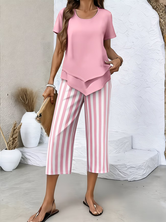 Striped Short Sleeve Top Pants Casual Printing Summer Crew Neck Two Piece Set