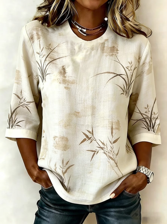 Plants Crew Neck Half Sleeve Vintage Daily Summer Blouse