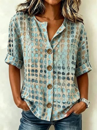 Geometric Stand Collar Linen Blend Three Quarter Sleeve Vintage Daily Spring Fall Shirt