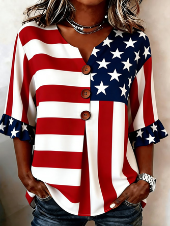 Independence Day V Neck Half Sleeve Vintage Daily Summer Blouse