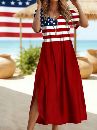 Independence Day Crew Neck Printing T Shirt Dress Casual Summer Daily Maxi H Line Dress