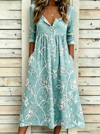 Floral Half Open Collar Vintage Summer Daily Maxi Line Dress