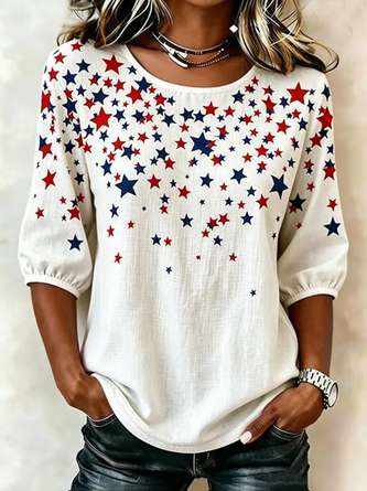 Star Crew Neck Half Sleeve Vintage Daily Summer Blouse