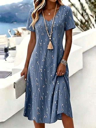 Floral V Neck Fit & Flare Dress Casual Summer Daily Midi Line Dress