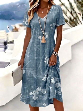 Floral V Neck Casual Summer Daily Midi Line Dress