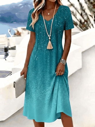 Ombre V Neck Casual Summer Daily Midi Line Dress