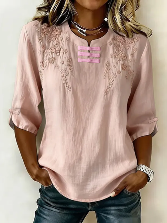 Floral Mandarin Collar Half Sleeve Vintage Daily Summer Blouse