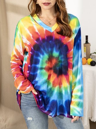 Long Sleeve V Neck Ombre/tie-Dye Cotton-Blend Shirts & Tops