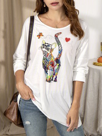 Casual Printed Cotton-Blend Crew Neck Shirts & Tops