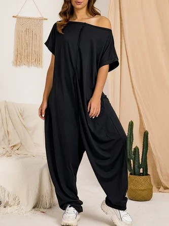 Short Sleeve Casual Plain One-Pieces Jumpsuits