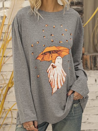 Gray Long Sleeve Cotton-Blend Shirts & Top