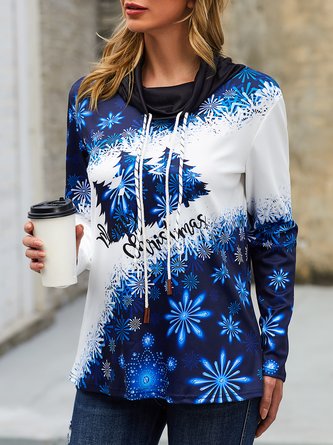 Long sleeve high neck pile collar Christmas tree gradient print top T-shirt women