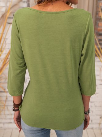 V Neck Folds Cotton 3/4 Sleeve T-shirt