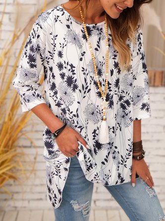 Floral-Print 3/4 Sleeve Casual Shirts & Tops