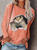 Casual Cute Cat Pattern Crew Neck Shift Long Sleeve Shirts & Tops
