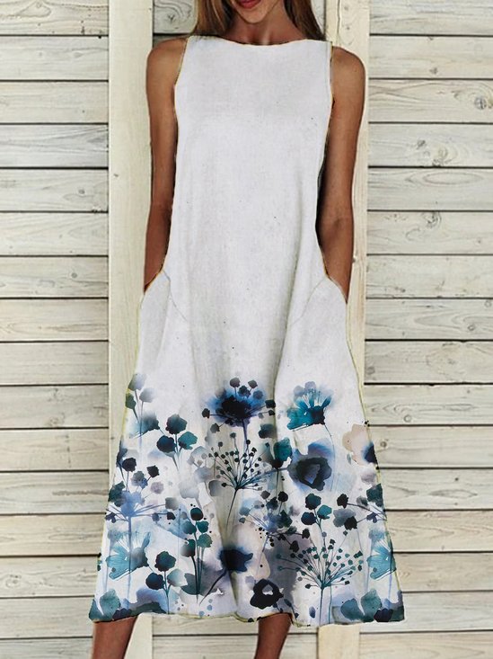 Pockets Elegant Cotton-Blend Floral Weaving Dress