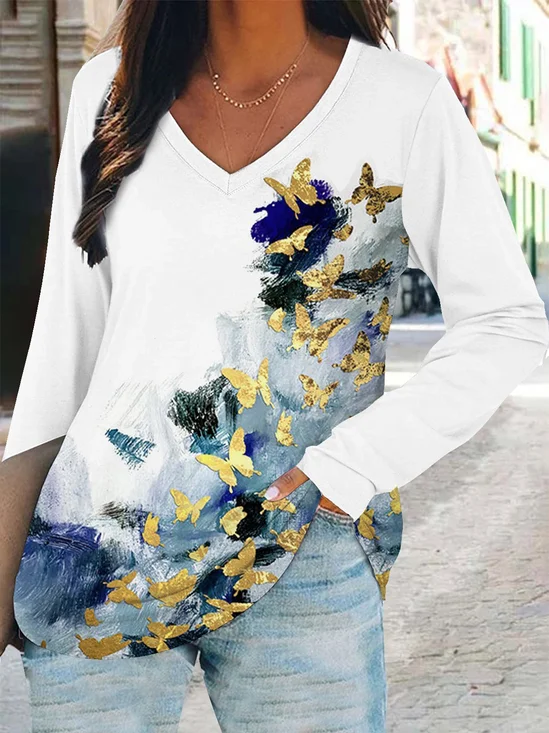Casual Butterfly Floral-Print Cotton-Blend T-shirt
