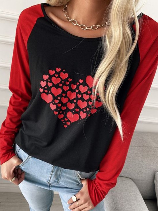 Women's Heart Print Color Block T-shirt Tee Long Sleeve Spring Top Valentine's Day Gifts