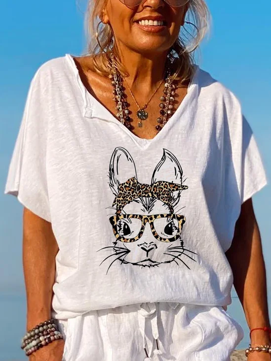 Easter Bunny With Leopard Glasses V Neck Casual T-Shirt