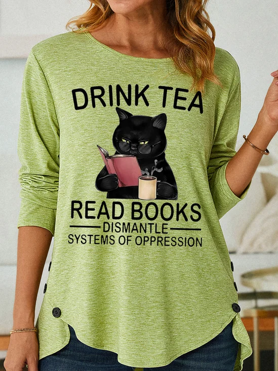 Womens Funny Drink Tea Read Book Letters Top