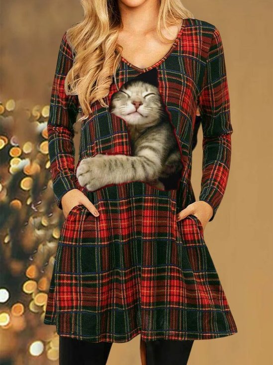 Christmas V Neck Cat Casual Dresses