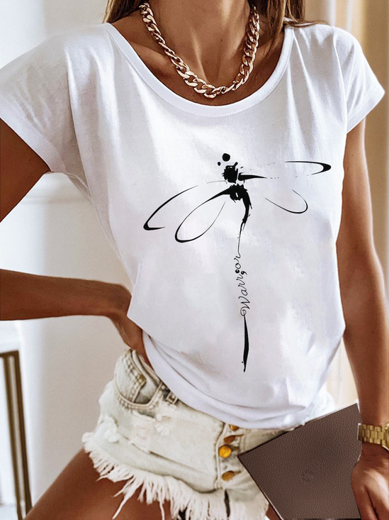Dragonfly Print Loose T-Shirt Casual Jersey Summer Shirt