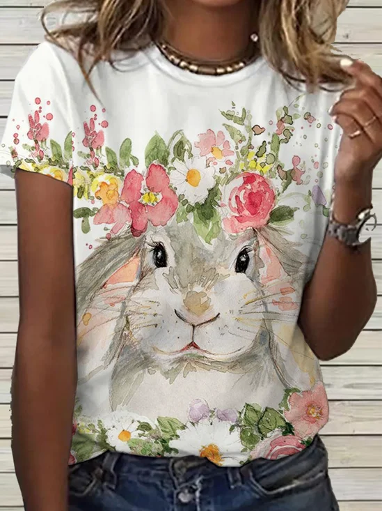 Women's Floral Easter Rabbit Loose Simple Crew Neck T-Shirt