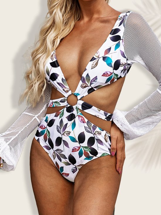 Vacation Plants Printing V Neck One-Piece Swimsuit