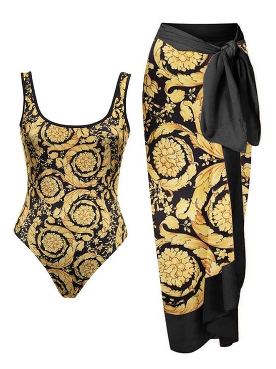 Vacation Ethnic Printing Scoop Neck One Piece With Cover Up