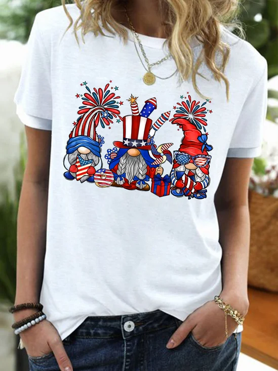 Women's American Flag Gnomes Funny Graphic Printing Text Letters Casual Cotton-Blend T-Shirt