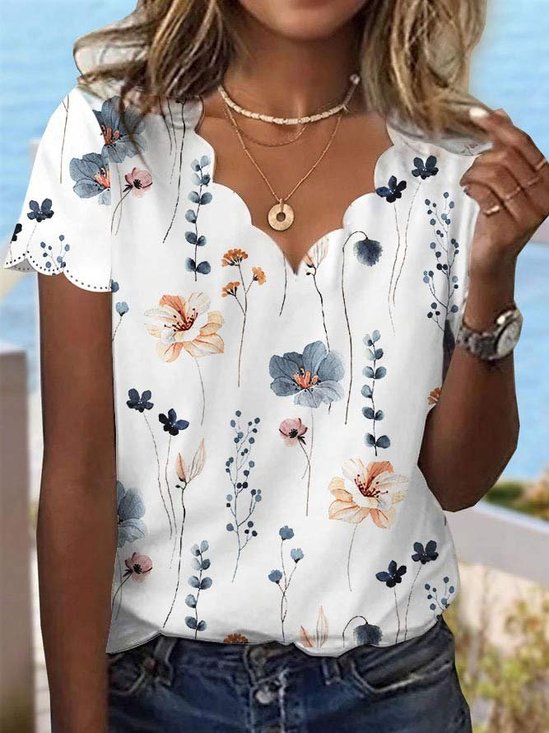 Women's Floral T-shirt Summer Dessert Shell Neck Floral Design Summer Tops White Blue Pink Light Gray Yellow Green Khaki