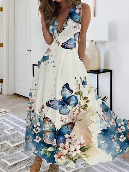 Elegant Butterfly Positioning Print High Elastic Sleeveless Dress