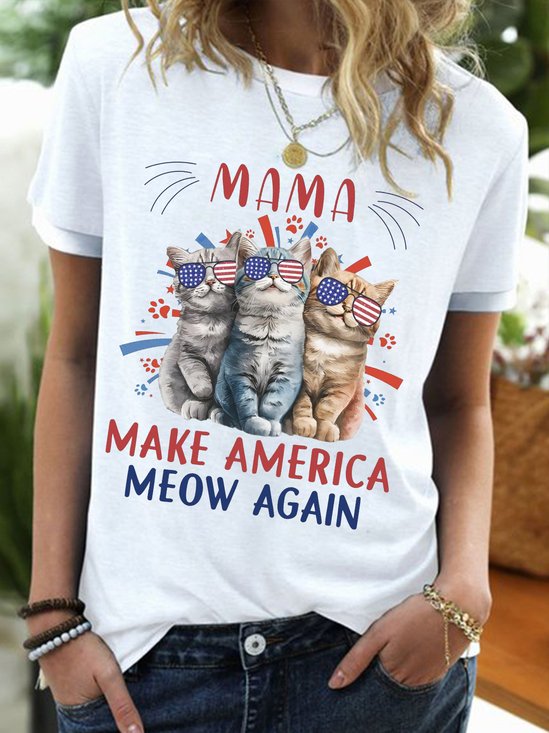 Men's Funny Cat Mama Make America Meow Again Graphic Printing Regular Fit Cat Casual Cotton-Blend T-Shirt